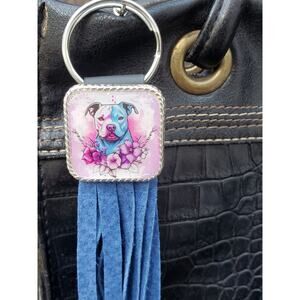 Handmade boho Pitbull lover Leather Fringe Western bag charm fringe keychain